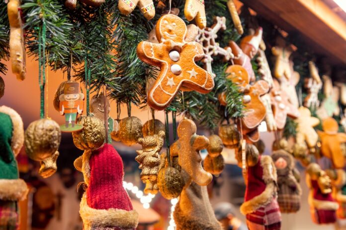 Christmas decorations at Christmas market stall in Berlin Germany